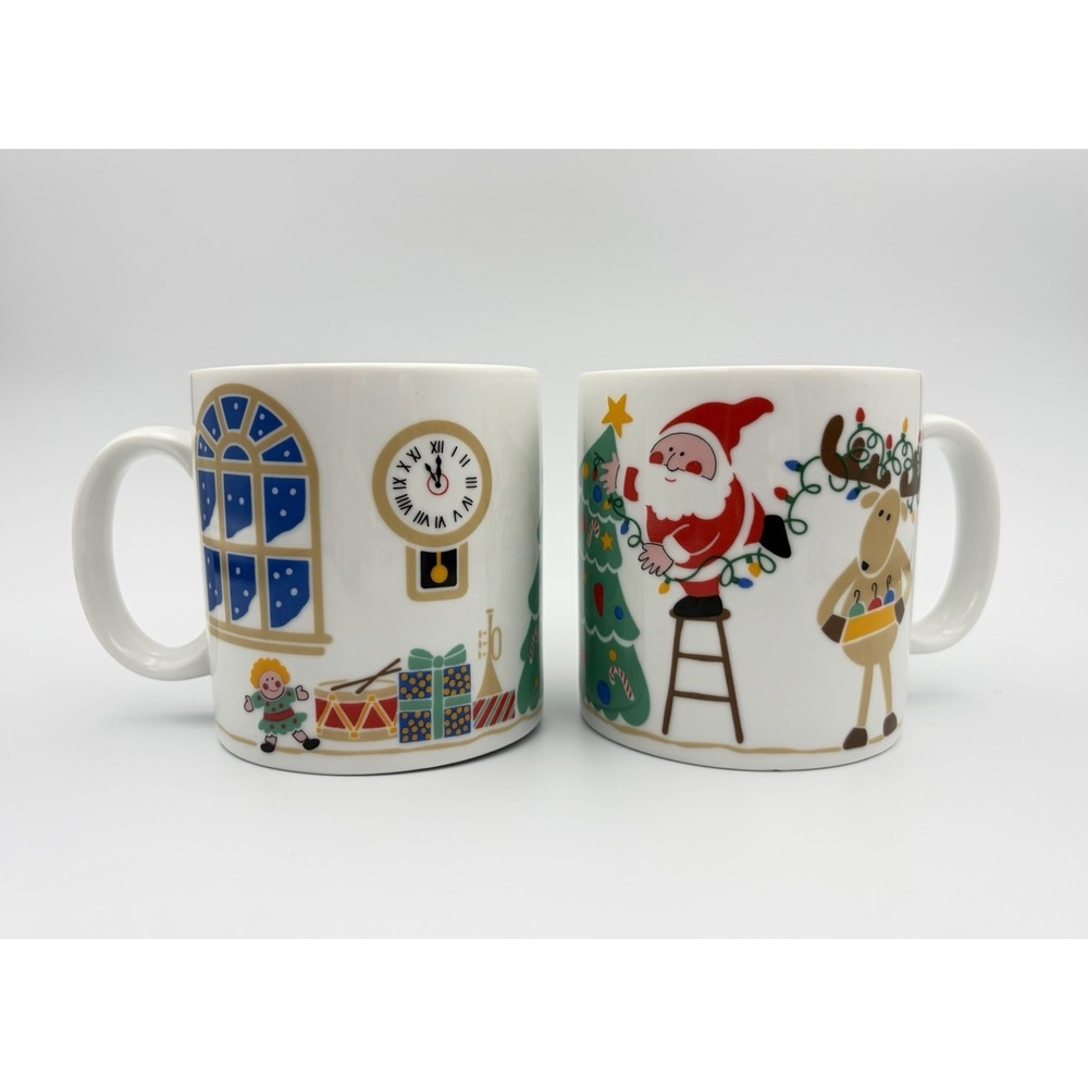 Vintage 1985 Avon Christmas Lights Mug Set of 2 Santa Reindeer Coffee Cocoa Mugs